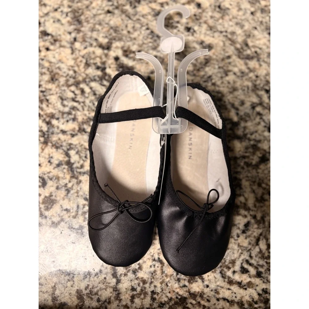 Danskin Girls Black Ballet Shoes Size 2 Dance Slippers Faux Leather Bow Shoes